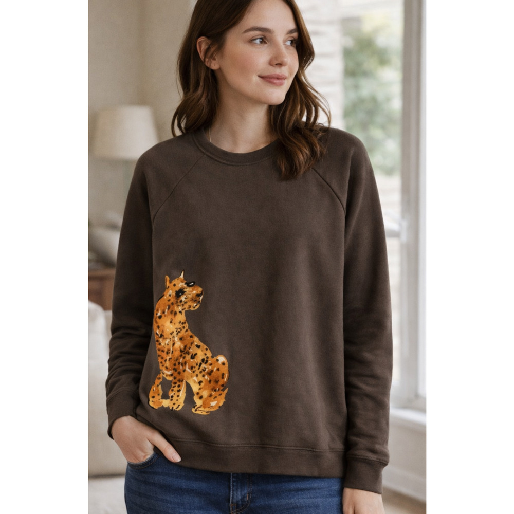 Anthropologie XS Sweatshirt Graphic Cheetah/Leopard Olive Green Lou Lou Avenue